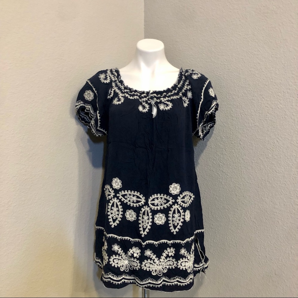 Blue Tassel Womens Floral Top - Blue & White - Size Large